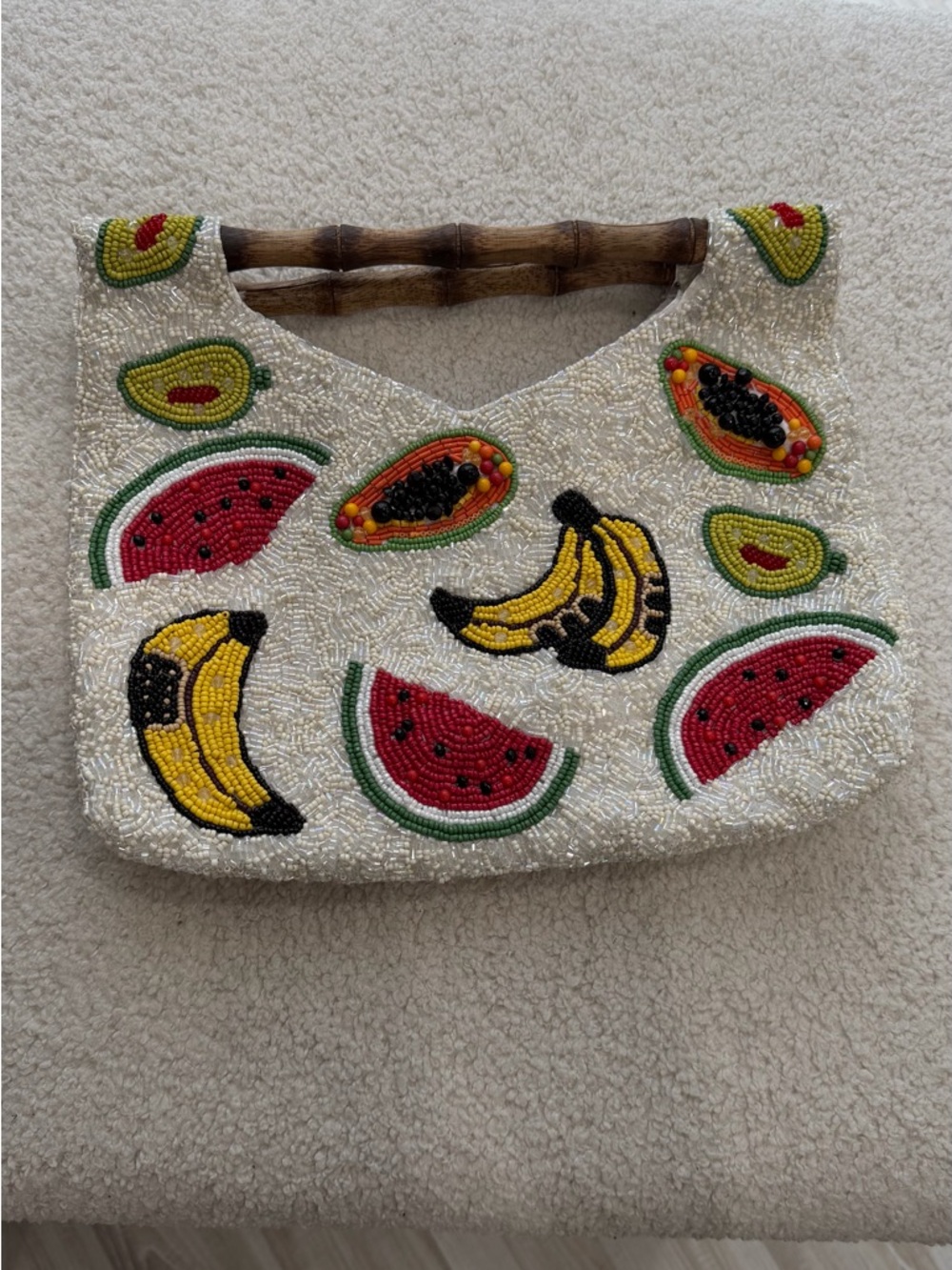White Beaded Fruit-Embellished Clutch with Bamboo Handle